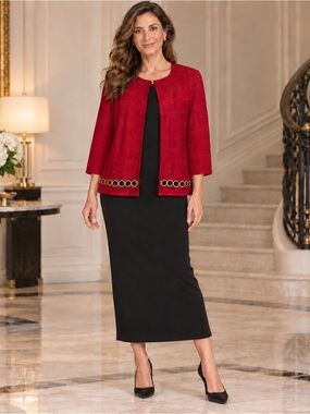 MISOOK Crimson Red Textured Tonal Knit Jacket with Chain Trim Hem – Size M
